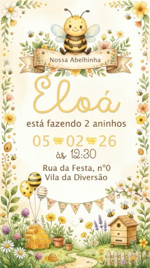 Convite de Aniversário Abelhinha Aquarela Editável
