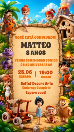 Convite de Aniversário Os Flintstones 3D para Editar