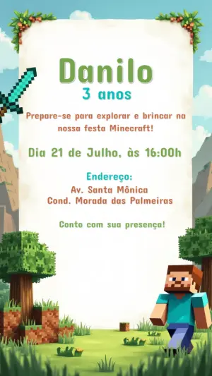 Convite de Aniversário Minecraft com Steve para Editar Online