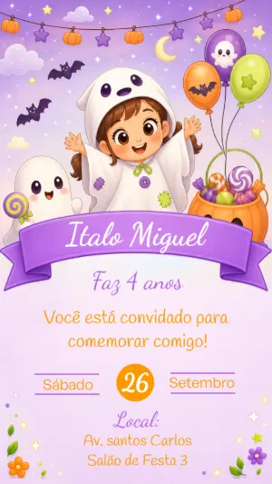 Convite de Aniversário Fantasminha Halloween Editável