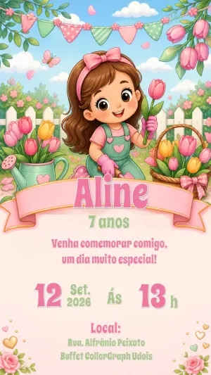Convite de Aniversário Menina no Jardim para Editar