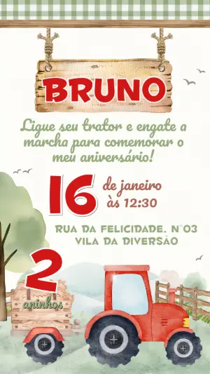 Convite de Aniversário Fazendinha com Trator Vermelho Editável