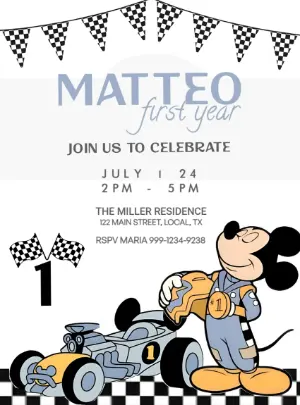 Mickey Race Car First Birthday Invitation Editable Template