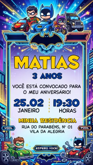 Convite de Aniversário Batman Corrida Neon Editável
