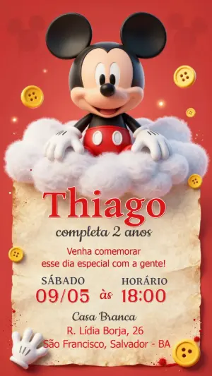 Convite de Aniversário Mickey 3D Vermelho para Editar