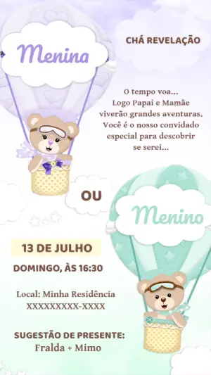 Convite Chá Revelação Ursinhos Baloeiros para Editar Online