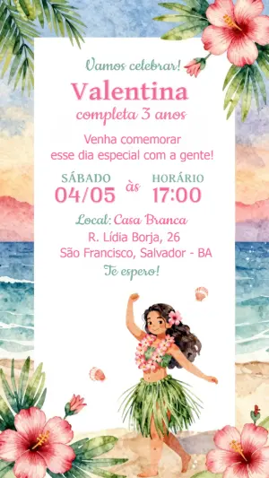 Convite Digital Festa Havaiana Infantil para Editar