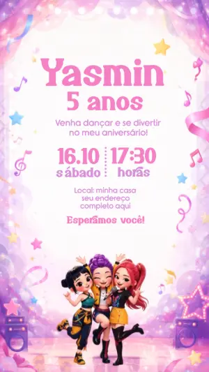 Convite Animado de Aniversário Guerreiras do Kpop para Editar