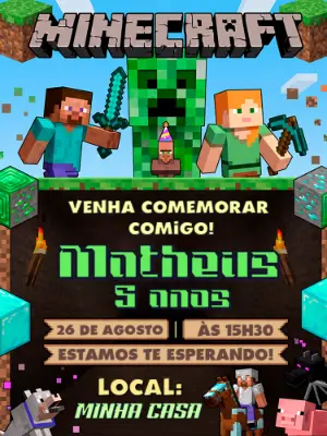 Convite de Aniversário Minecraft Editável com Personagens