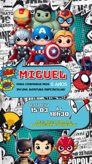 Convite de Aniversário Super-Heróis Chibi para Editar