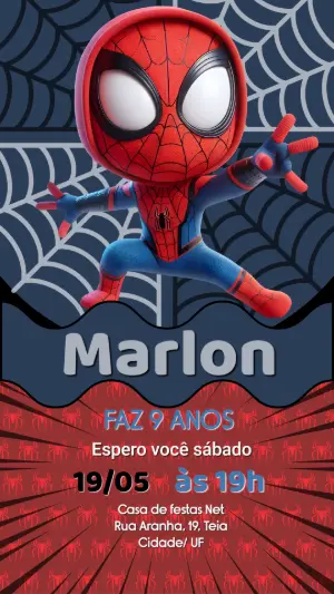 Convite de Aniversário Homem-Aranha Fofo 3D para Editar