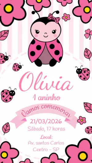 Convite de Aniversário Joaninha Rosa Fofo para Editar