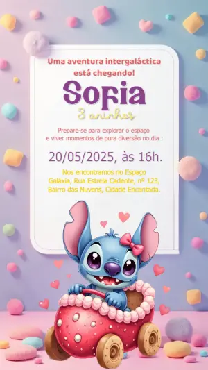 Convite Aniversário Stitch Rosa para Editar Online