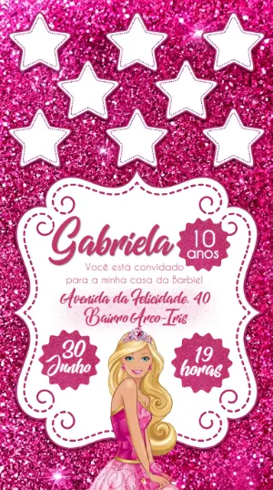 Convite de Aniversário Barbie Rosa com Glitter para Editar