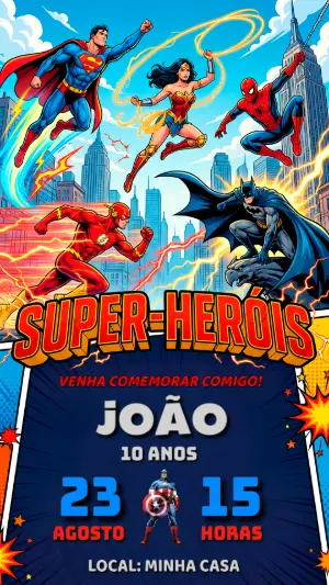 Convite de Aniversário Super Heróis: Modelo Editável e Digital