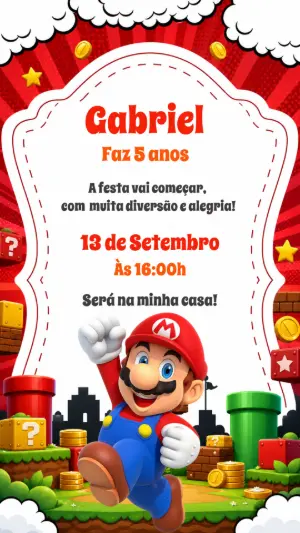 Convite de Aniversário Super Mario para Editar Online
