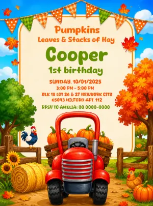Fall Farm Birthday Invitation with Tractor - Editable Template