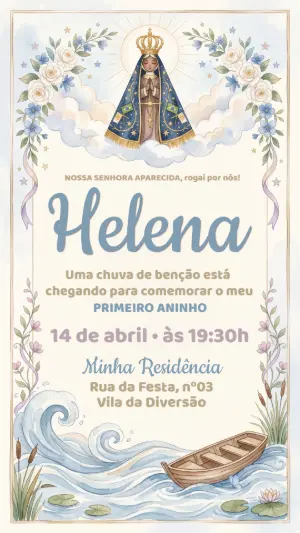 Convite Aniversário Nossa Senhora Aparecida Aquarela Editável