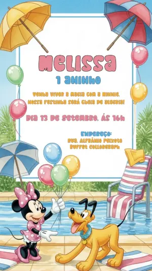 Convite de Aniversário Minnie na Piscina para Editar Online