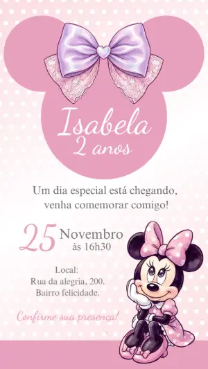 Convite de Aniversário Minnie Rosa Aquarela Editável