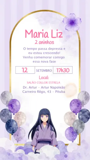 Convite de Aniversário Hinata Lilás para Editar e Enviar