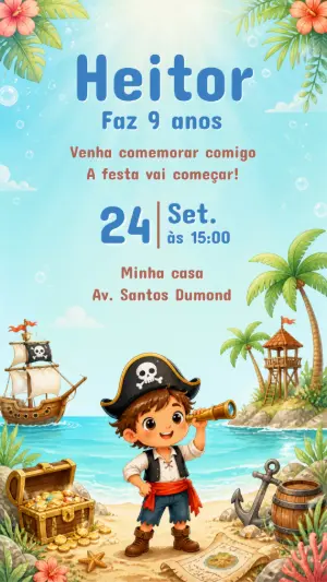 Convite de Aniversário Pirata Infantil: Modelo Editável