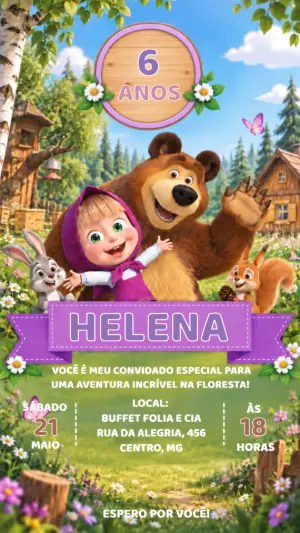Convite de Aniversário Masha e o Urso para Editar Online