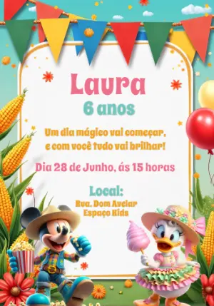 Convite Aniversário Festa Junina Mickey e Margarida para Editar