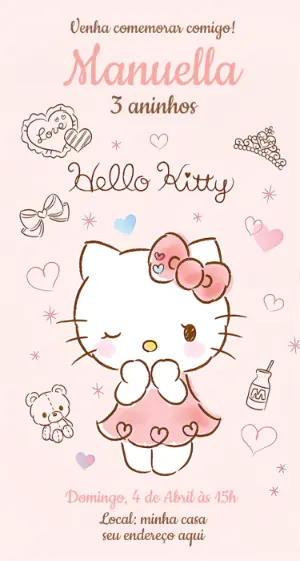 Convite Digital Hello Kitty Aniversário Infantil Editável
