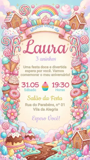 Convite de Aniversário Mundo Doce Confeitaria Editável
