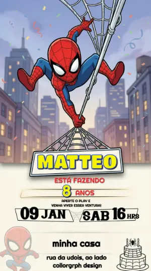 Convite de Aniversário Homem-Aranha Infantil para Editar