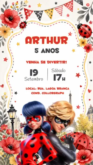 Convite de Aniversário Miraculous Ladybug e Cat Noir Editável