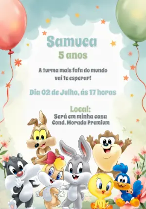 Convite Aniversário Baby Looney Tunes para Editar Online
