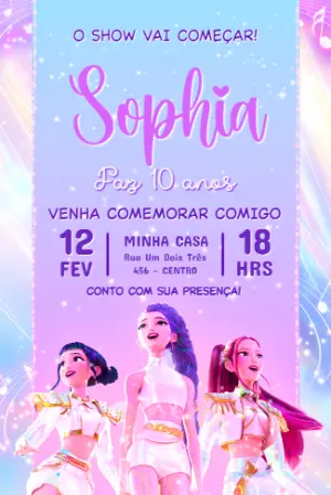 Convite de Aniversário Guerreiras K-pop Modelo Editável