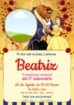 Convite de Aniversário A Bela e a Fera Dourado para Editar