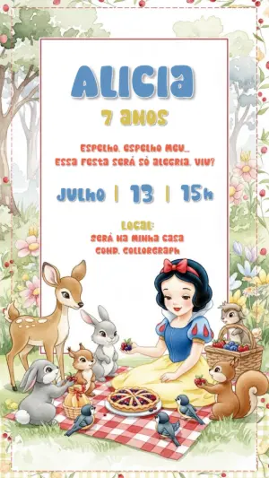 Convite de Aniversário Branca de Neve Floresta Editável Online