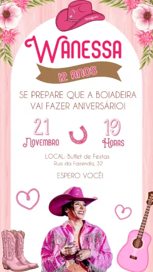 Vídeo Convite de Aniversário Boiadeira Rosa para Editar