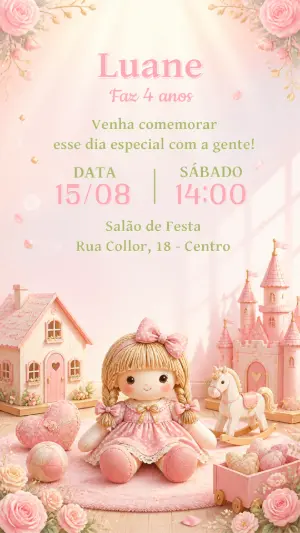 Convite de Aniversário Casa de Boneca Editável para Menina