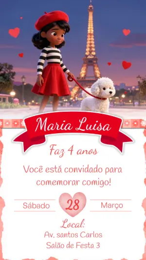 Convite Digital Aniversário Menina Tema Paris para Editar