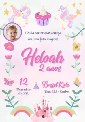 Convite de Aniversário Unicórnio Mágico Editável com Foto