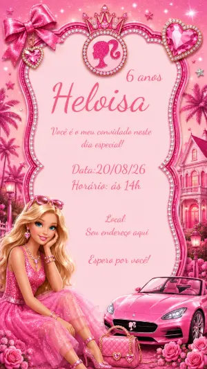Convite de Aniversário Barbie Glamour: Modelo Digital Editável