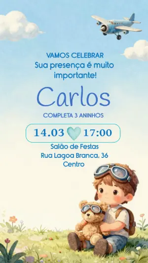Convite de Aniversário Infantil Aviador em Aquarela Editável