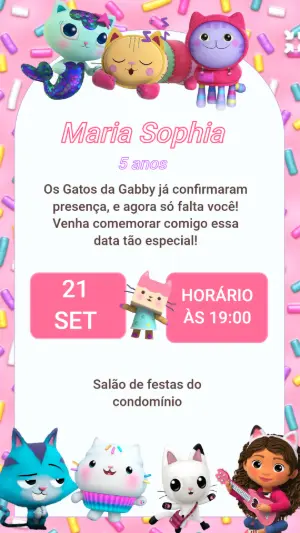 Convite de Aniversário Gatos da Gabby Rosa para Editar
