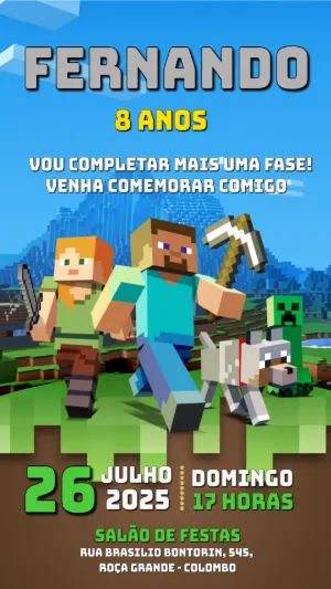 Convite de Aniversário Minecraft com Personagens para Editar