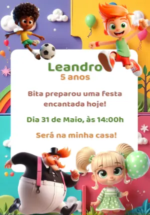 Convite de Aniversário Mundo Bita com Personagens para Editar