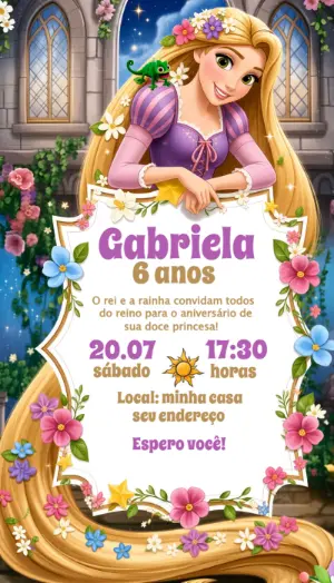 Convite de Aniversário Rapunzel: Modelo Digital Editável