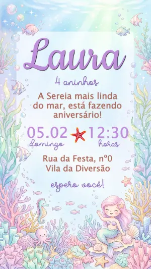 Convite Sereia Aquarela Editável para Aniversário Infantil