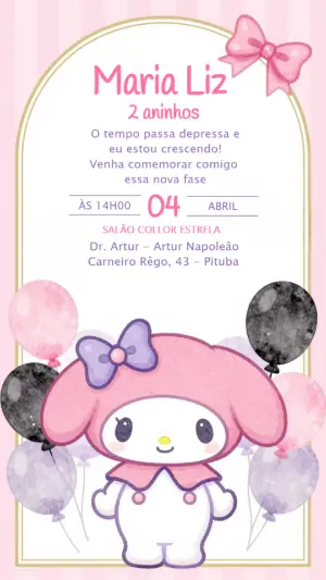 Convite de Aniversário My Melody Rosa Delicado para Editar