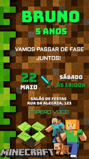 Convite de Aniversário Minecraft Pixelado para Editar