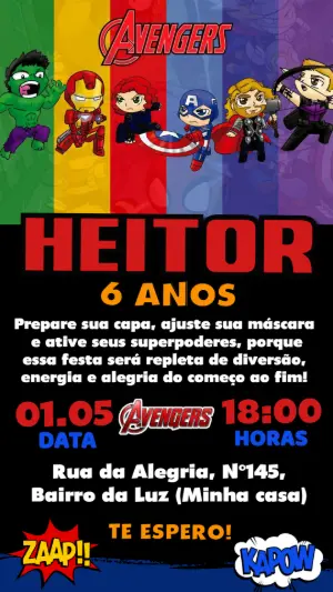 Convite de Aniversário Vingadores Heróis Infantil para Editar